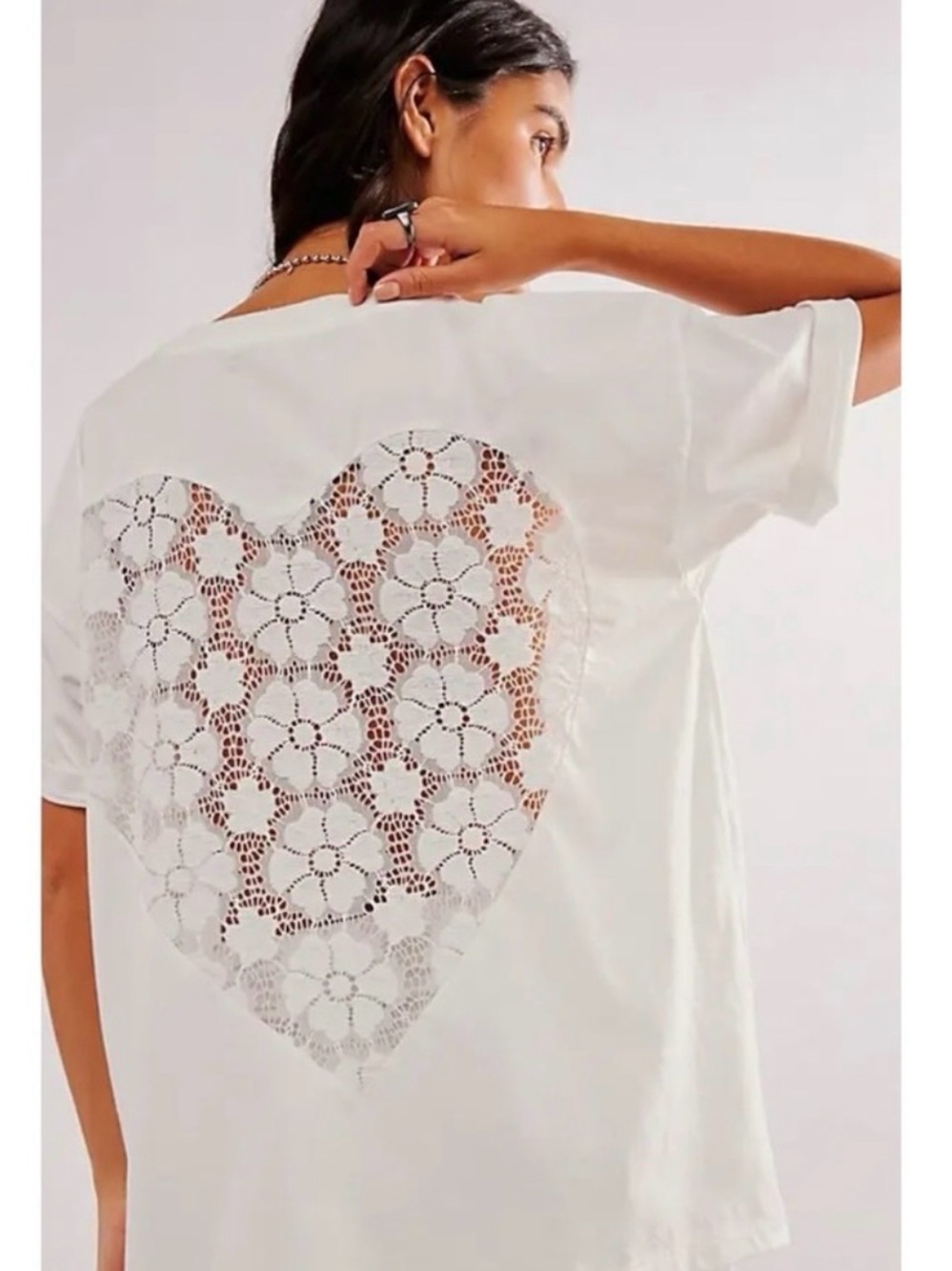 Free People Daydreamer Lace Heart Tee in White Size XL NWT Ethereal Dainty
